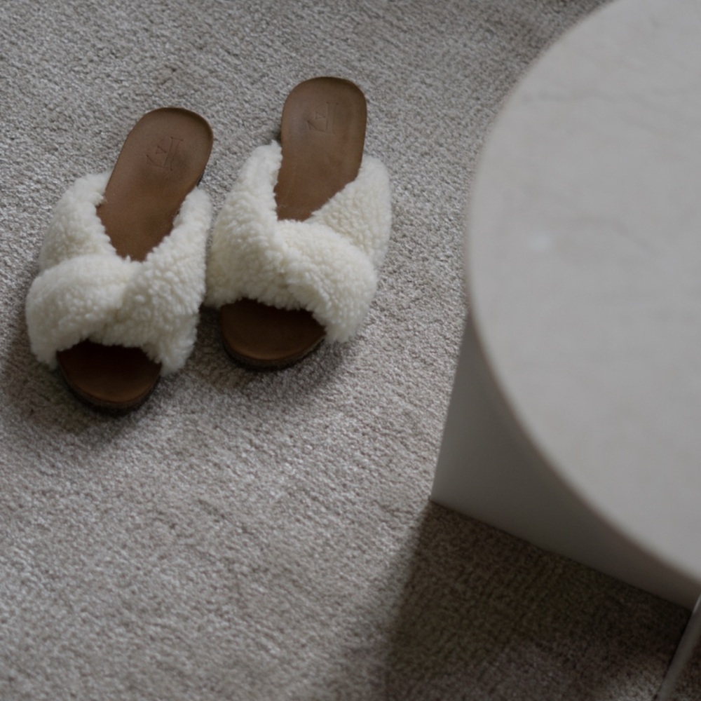 Flattered Cream Shearling Slide Sandals